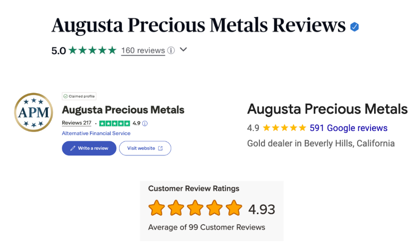 Various Augusta Precious Metals Reviews with 4.9 and 5.0 star ratings
