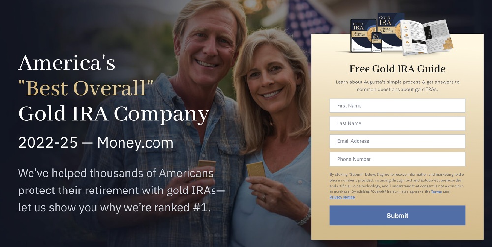 Augusta Precious Metals home page and Free Gold IRA Guide sign up form.